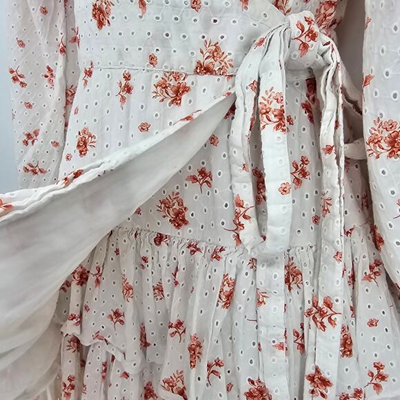 Maia Bergman Womans size M Ines Floral Eyelet Tiered True Wrap Mini Dress Ivory - Picture 3 of 8